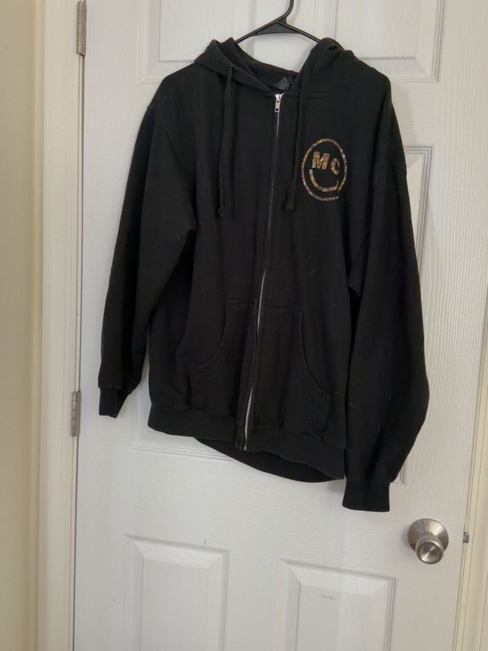 Black Zip-Up Hoodie Sweater with Smiley Logo